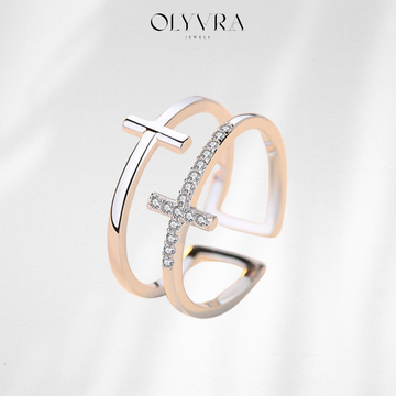 Double Cross Miniature Copper Inlaid Zircon Ring