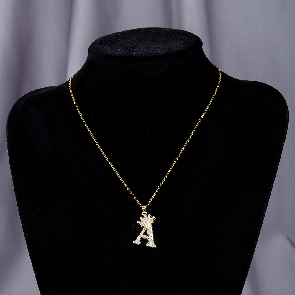 Fashionable Gold Diamond Crown Uppercase Letter Popular Pendant Necklace Suitable For Daily Use Festivals Parties Gifts Jewelry Set