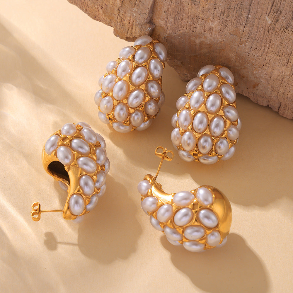European And American Retro Drop Shape Inlaid Artificial Pearl Earrings